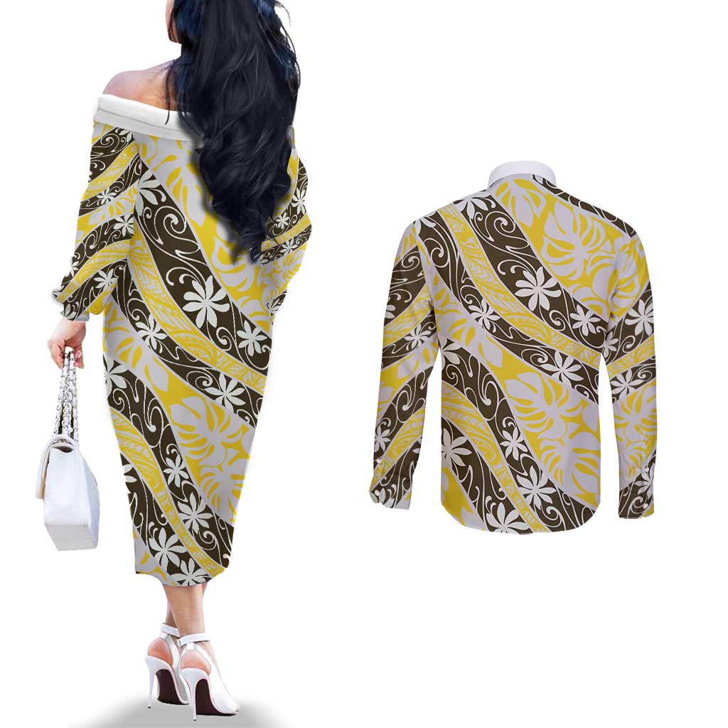 Rearea Tahiti Tiare Monstera Couples Matching Off The Shoulder Long Sleeve Dress and Long Sleeve Button Shirt Polynesian Pattern Curve Style - Polynesian Pride