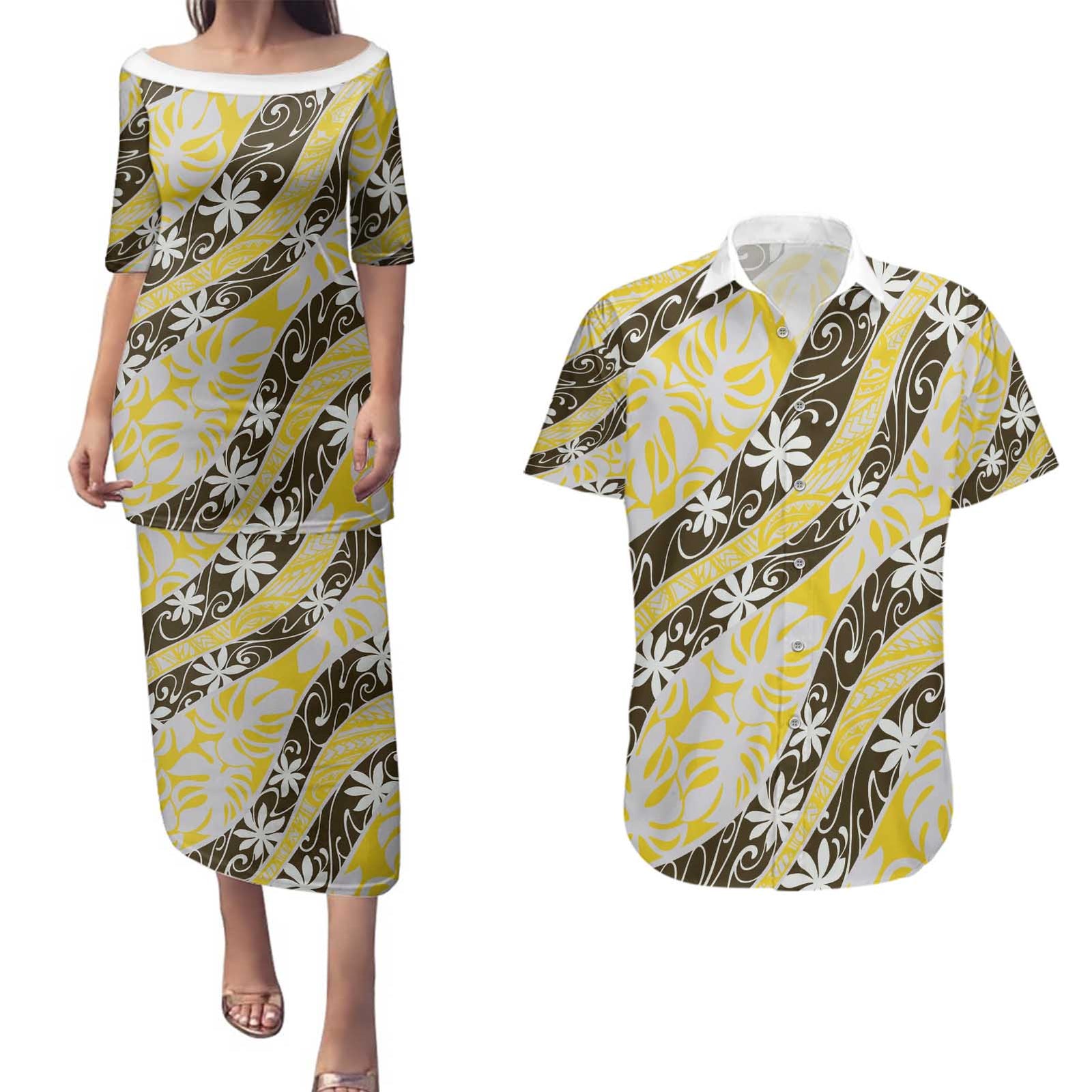 Rearea Tahiti Tiare Monstera Couples Matching Puletasi and Hawaiian Shirt Polynesian Pattern Curve Style - Polynesian Pride