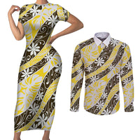 Rearea Tahiti Tiare Monstera Couples Matching Short Sleeve Bodycon Dress and Long Sleeve Button Shirt Polynesian Pattern Curve Style - Polynesian Pride