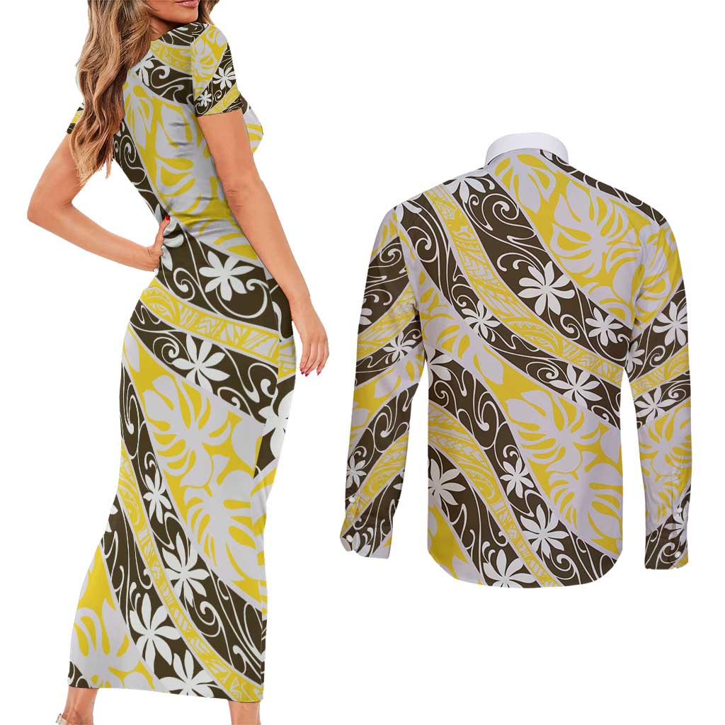 Rearea Tahiti Tiare Monstera Couples Matching Short Sleeve Bodycon Dress and Long Sleeve Button Shirt Polynesian Pattern Curve Style - Polynesian Pride