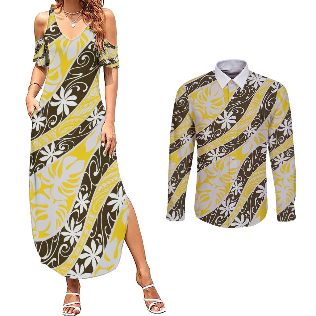 Rearea Tahiti Tiare Monstera Couples Matching Summer Maxi Dress and Long Sleeve Button Shirt Polynesian Pattern Curve Style - Polynesian Pride