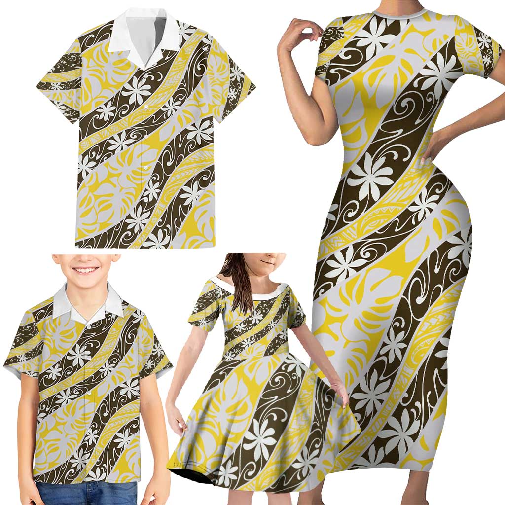 Rearea Tahiti Tiare Monstera Family Matching Short Sleeve Bodycon Dress and Hawaiian Shirt Polynesian Pattern Curve Style - Polynesian Pride