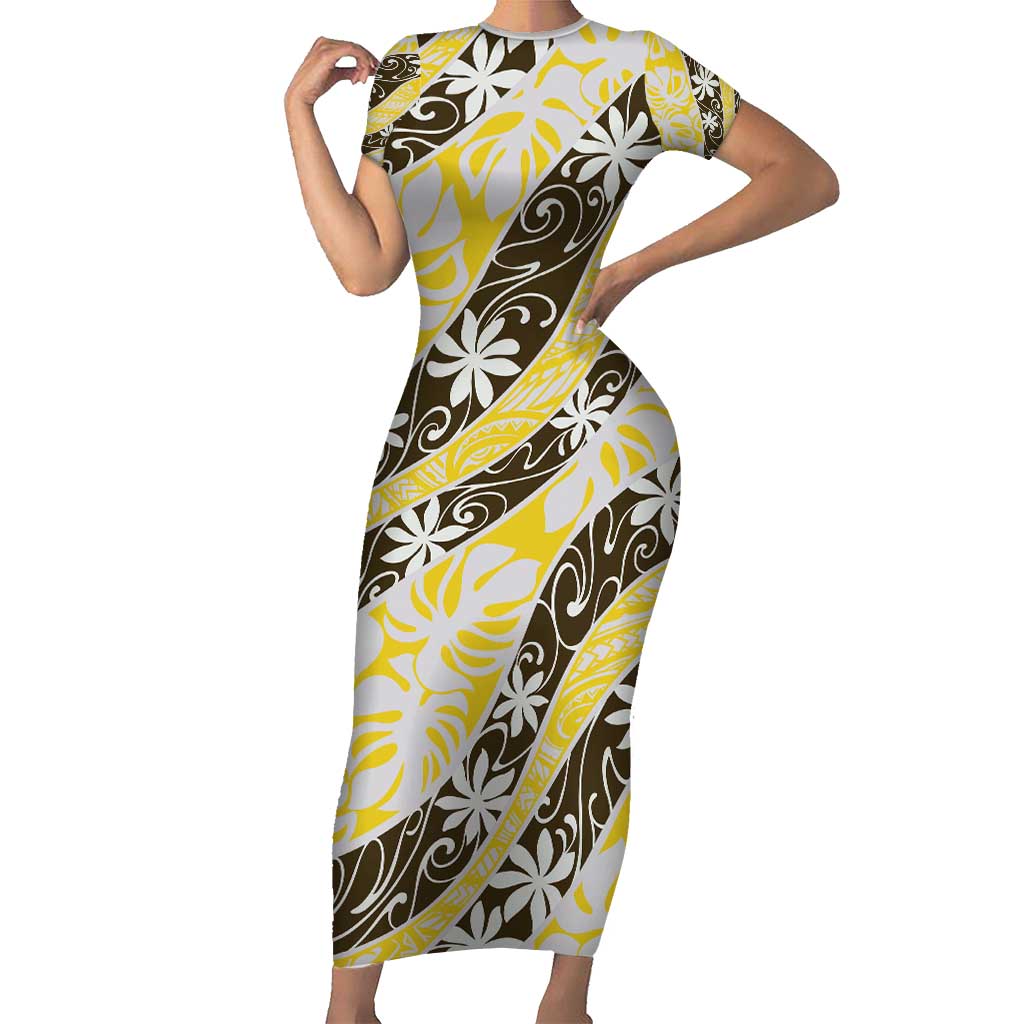 Rearea Tahiti Tiare Monstera Family Matching Short Sleeve Bodycon Dress and Hawaiian Shirt Polynesian Pattern Curve Style - Polynesian Pride