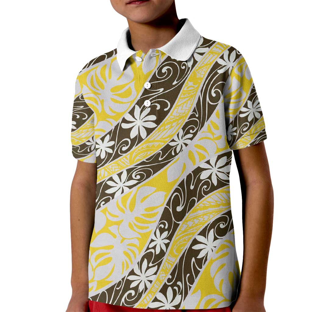 Rearea Tahiti Tiare Monstera Kid Polo Shirt Polynesian Pattern Curve Style - Polynesian Pride
