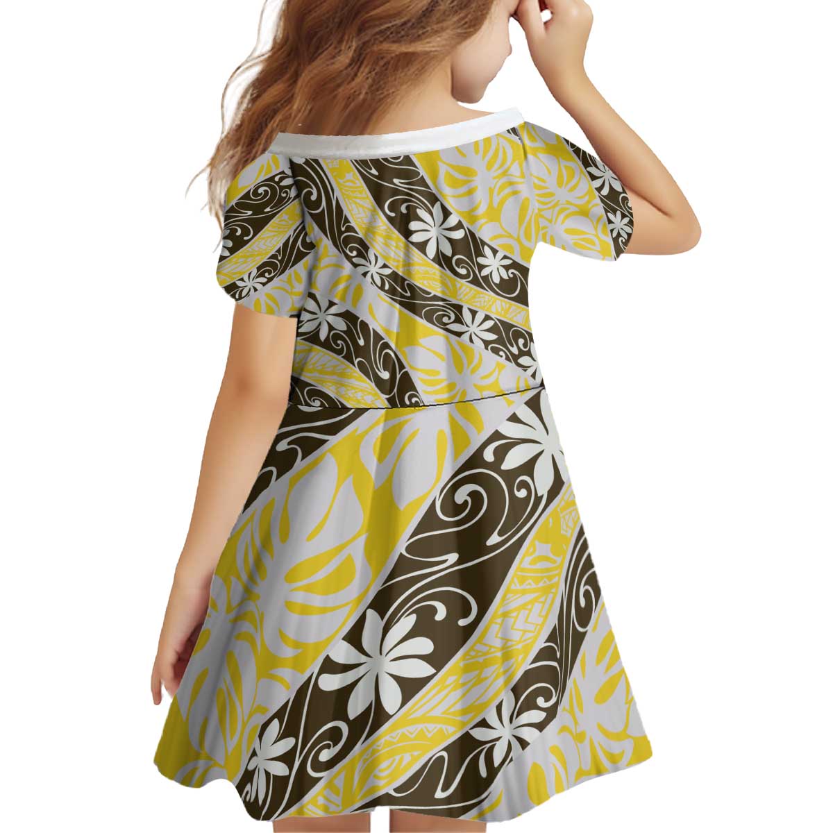 Rearea Tahiti Tiare Monstera Kid Short Sleeve Dress Polynesian Pattern Curve Style - Polynesian Pride