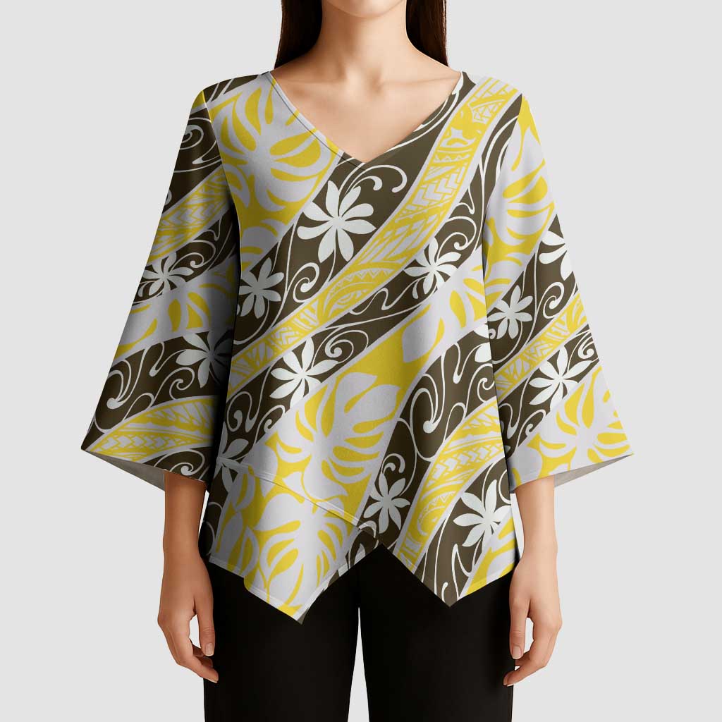 Rearea Tahiti Tiare Monstera Kimono Sleeve Blouse Polynesian Pattern Curve Style - Polynesian Pride