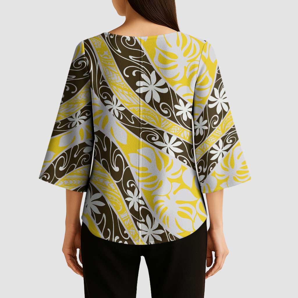 Rearea Tahiti Tiare Monstera Kimono Sleeve Blouse Polynesian Pattern Curve Style - Polynesian Pride