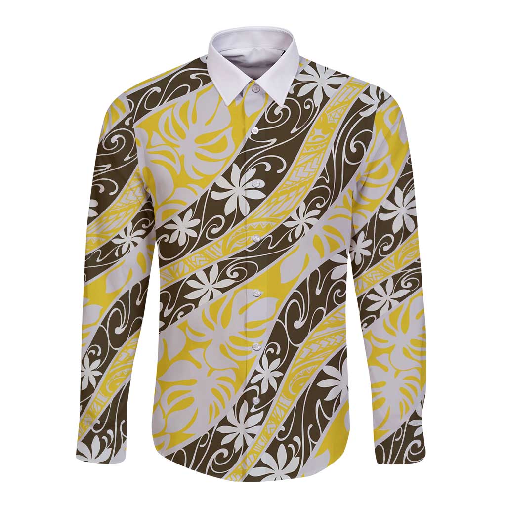 Rearea Tahiti Tiare Monstera Long Sleeve Button Shirt Polynesian Pattern Curve Style - Polynesian Pride