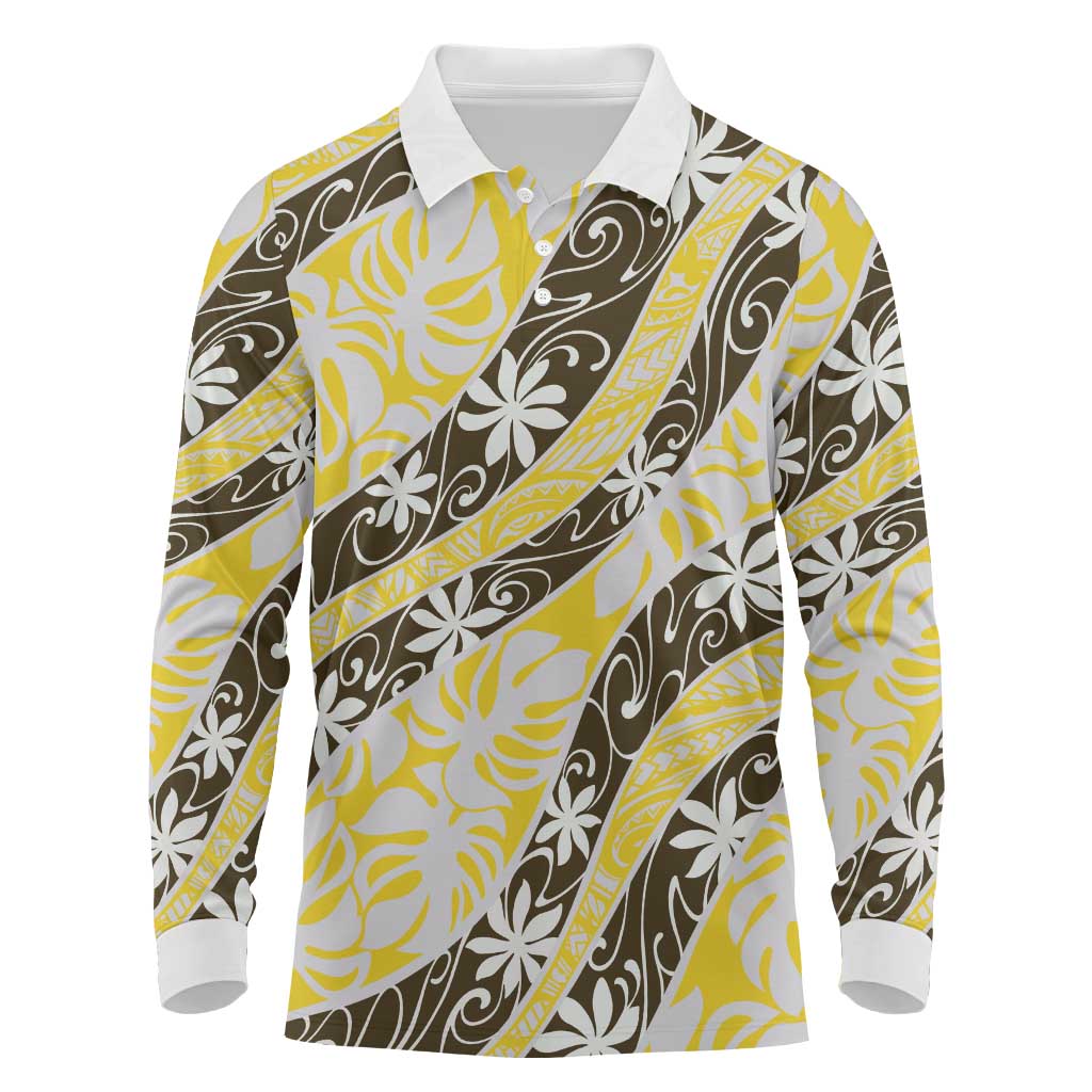 Rearea Tahiti Tiare Monstera Long Sleeve Polo Shirt Polynesian Pattern Curve Style - Polynesian Pride