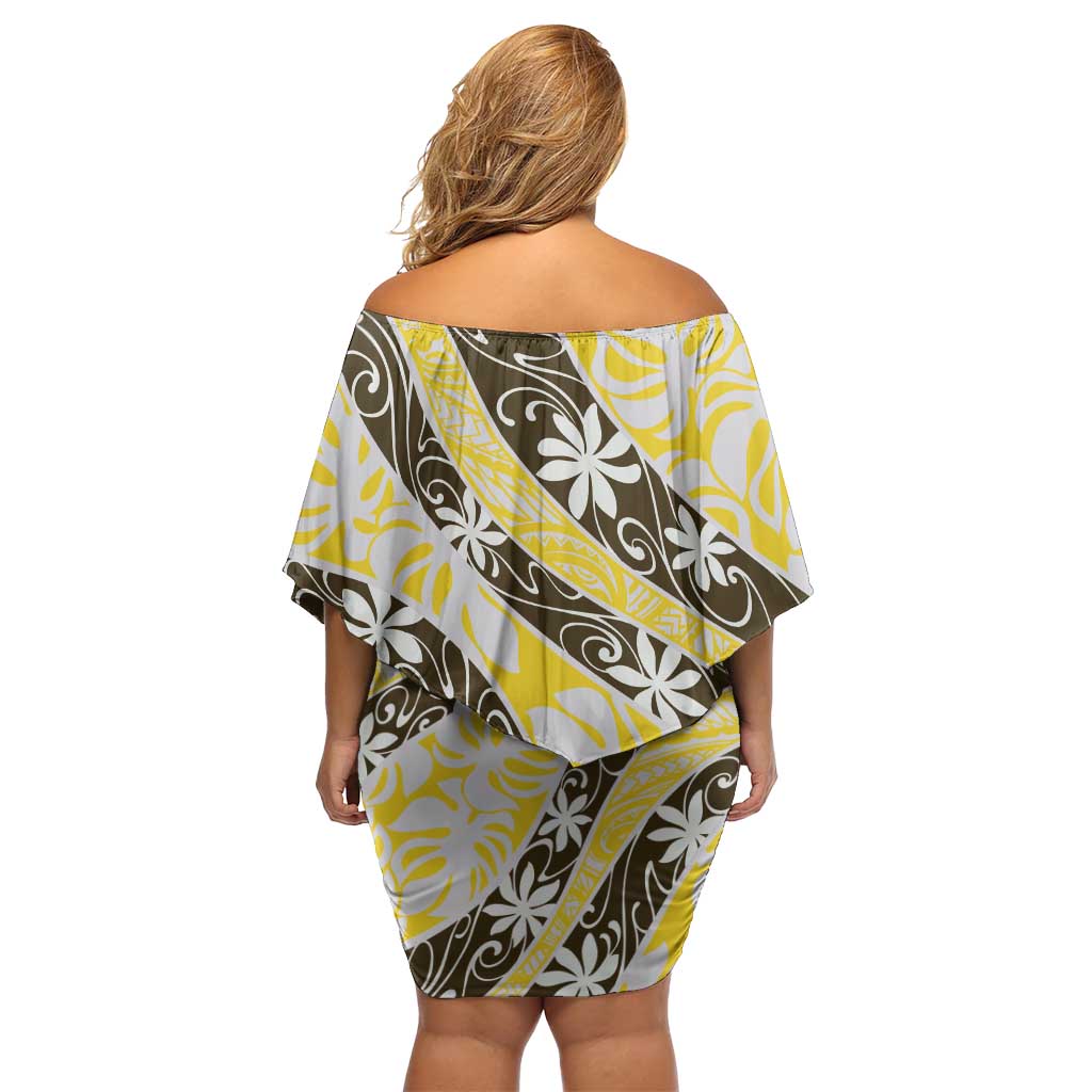 Rearea Tahiti Tiare Monstera Off Shoulder Short Dress Polynesian Pattern Curve Style - Polynesian Pride