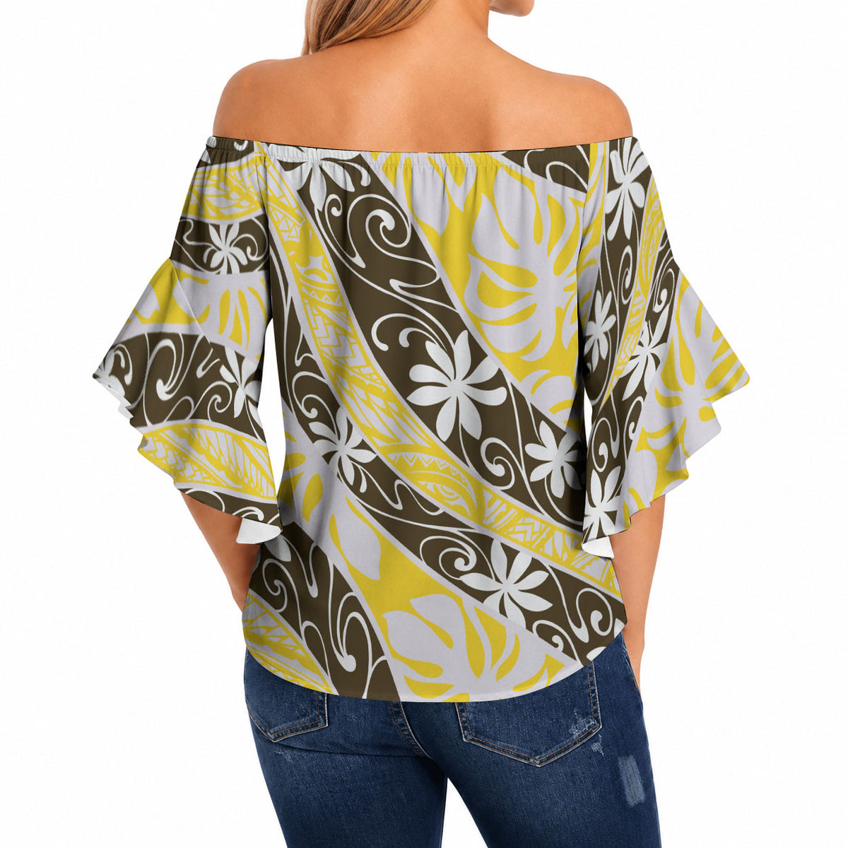 Rearea Tahiti Tiare Monstera Off Shoulder Wrap Waist Top Polynesian Pattern Curve Style LT01 - Polynesian Pride