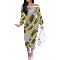 Rearea Tahiti Tiare Monstera Off The Shoulder Long Sleeve Dress Polynesian Pattern Curve Style - Polynesian Pride
