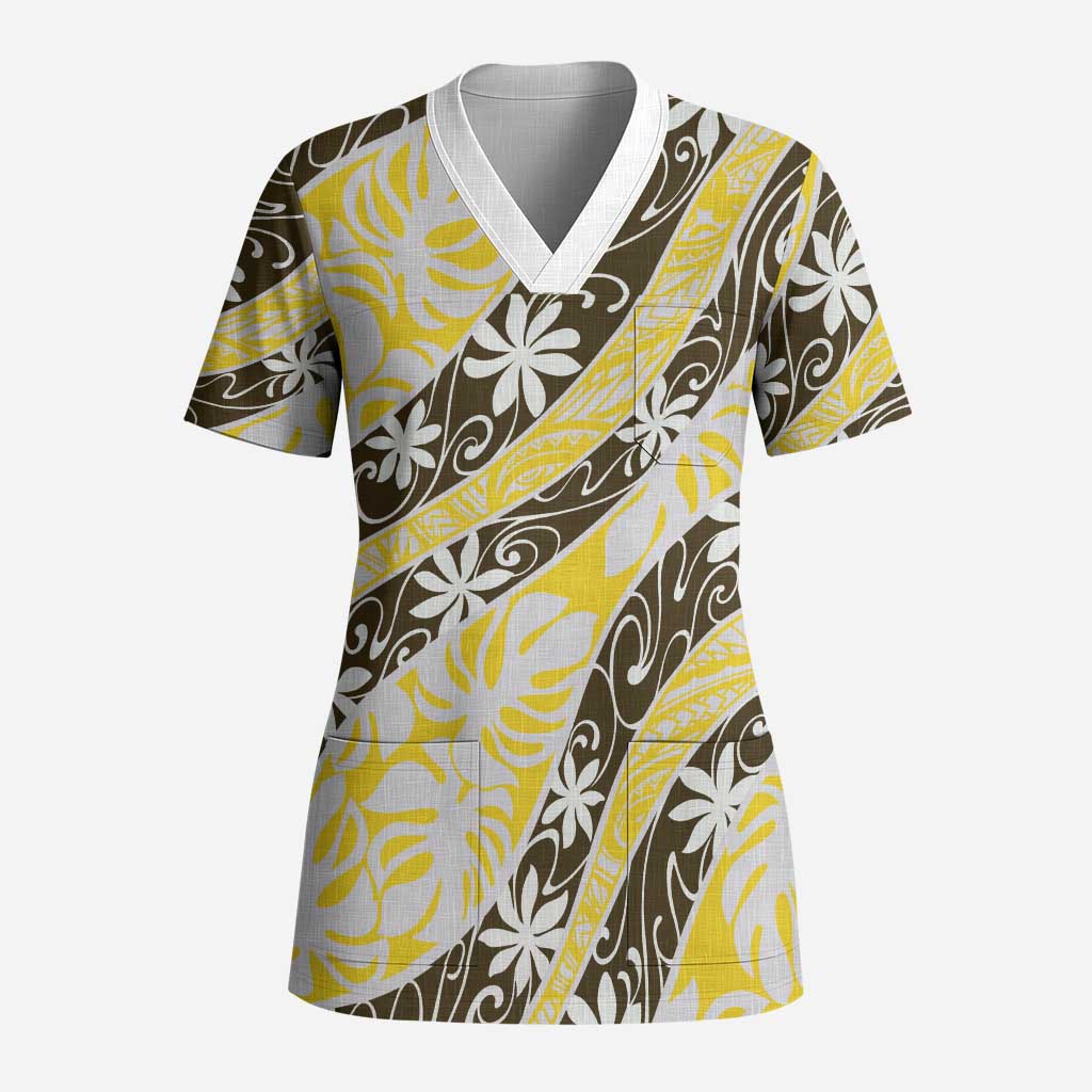 Rearea Tahiti Tiare Monstera Scrub Top Polynesian Pattern Curve Style - Polynesian Pride