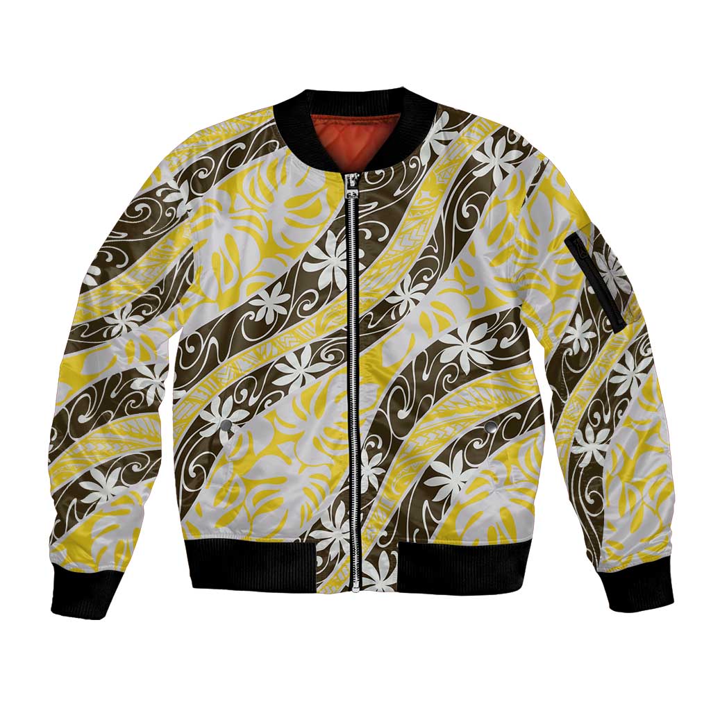 Rearea Tahiti Tiare Monstera Sleeve Zip Bomber Jacket Polynesian Pattern Curve Style - Polynesian Pride