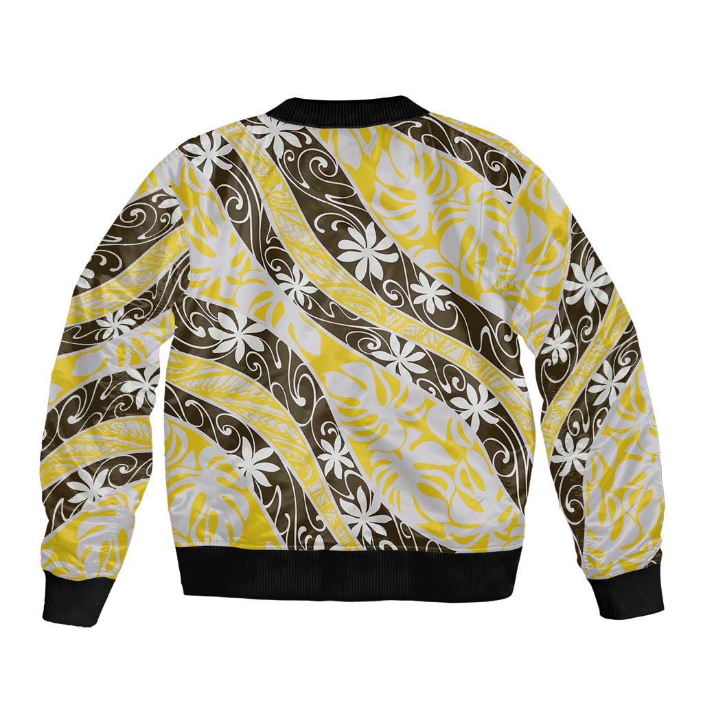 Rearea Tahiti Tiare Monstera Sleeve Zip Bomber Jacket Polynesian Pattern Curve Style - Polynesian Pride