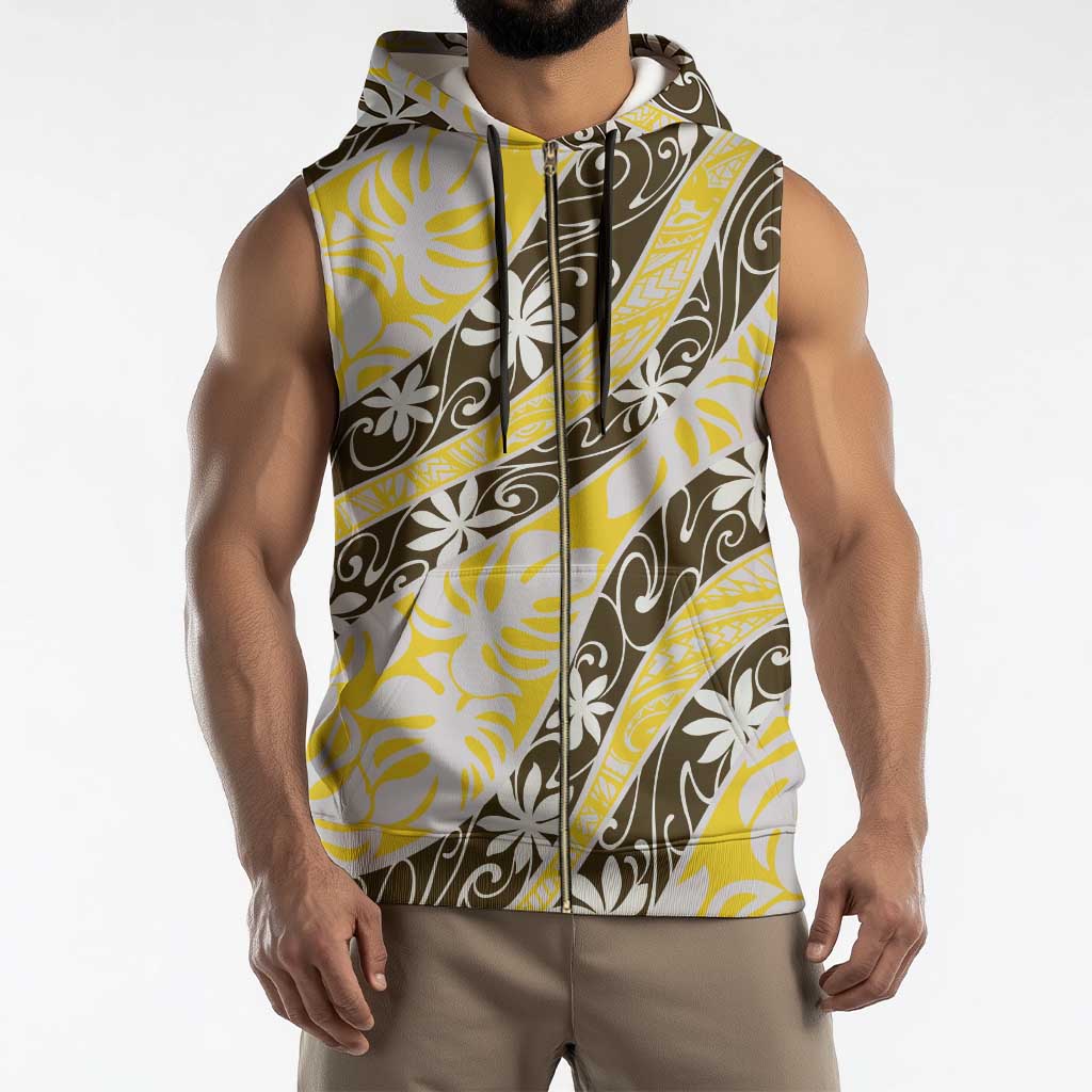 Rearea Tahiti Tiare Monstera Sleeveless Zip Hoodie Polynesian Pattern Curve Style - Polynesian Pride