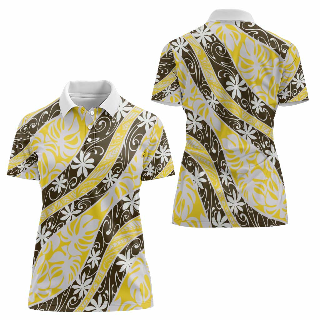 Rearea Tahiti Tiare Monstera Women Polo Shirt Polynesian Pattern Curve Style - Polynesian Pride