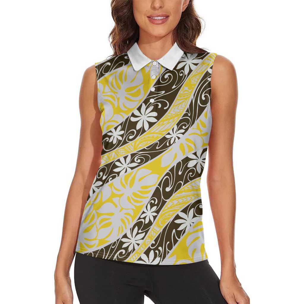 Rearea Tahiti Tiare Monstera Women Sleeveless Polo Shirt Polynesian Pattern Curve Style - Polynesian Pride