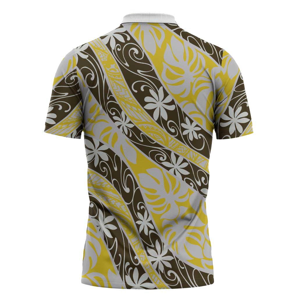 Rearea Tahiti Tiare Monstera Zipper Polo Shirt Polynesian Pattern Curve Style - Polynesian Pride