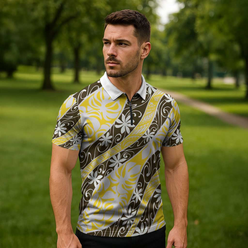 Rearea Tahiti Tiare Monstera Zipper Polo Shirt Polynesian Pattern Curve Style - Polynesian Pride