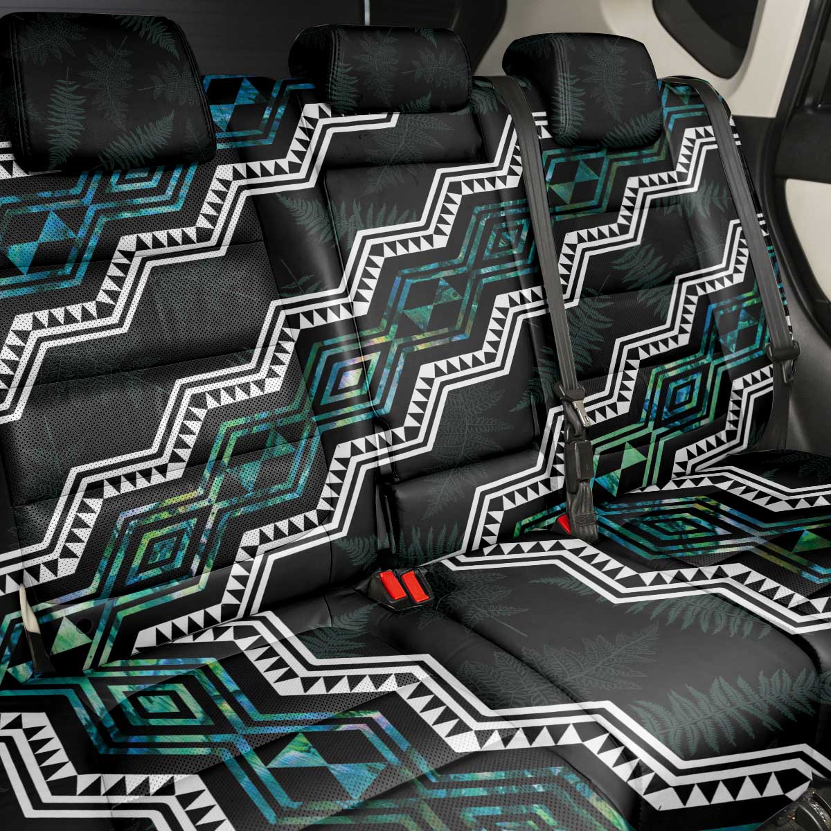 Personalised Taniko Aotearoa Mix Paua Shell Back Car Seat Cover Niho Taniwha Turquoise Glitter