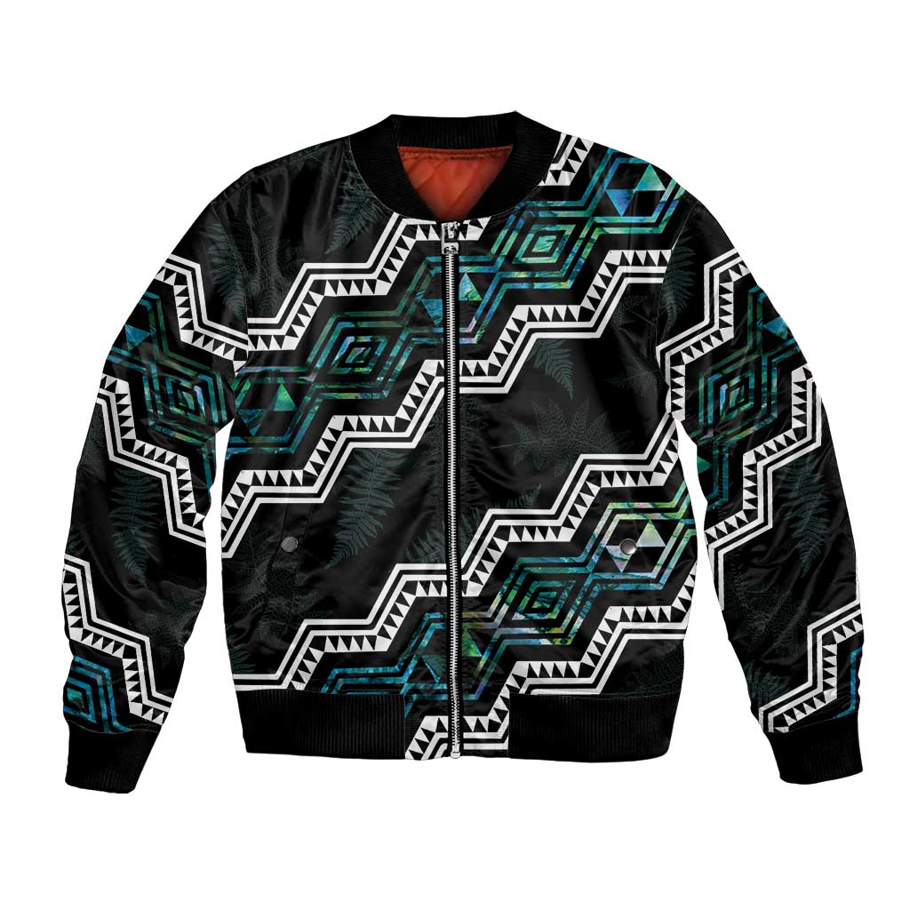 Personalised Taniko Aotearoa Mix Paua Shell Bomber Jacket Niho Taniwha Turquoise Glitter LT01 Unisex Turquoise - Polynesian Pride