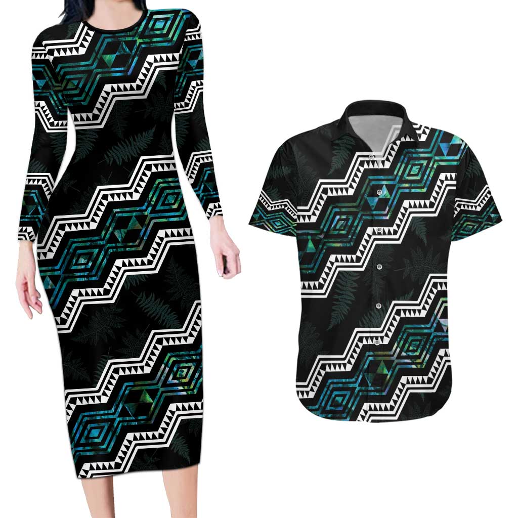 Personalised Taniko Aotearoa Mix Paua Shell Couples Matching Long Sleeve Bodycon Dress and Hawaiian Shirt Niho Taniwha Turquoise Glitter