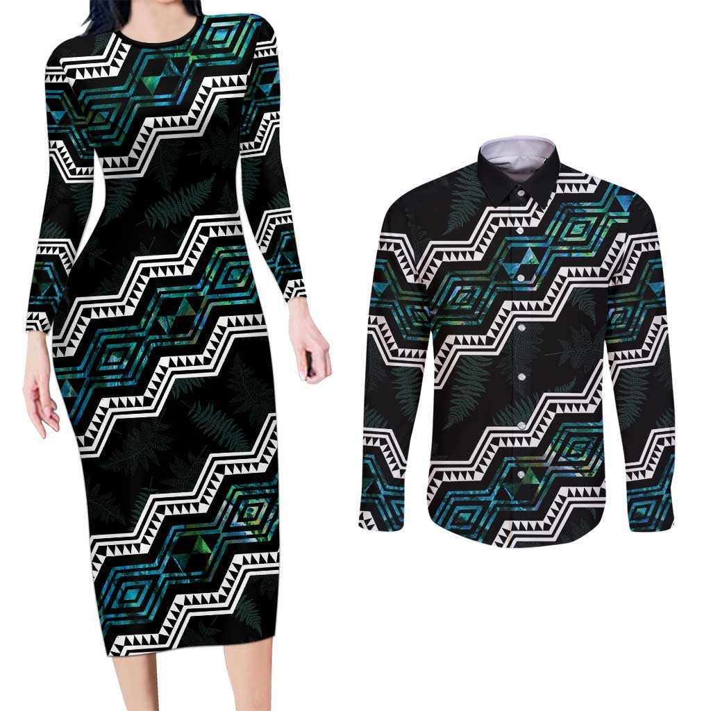Personalised Taniko Aotearoa Mix Paua Shell Couples Matching Long Sleeve Bodycon Dress and Long Sleeve Button Shirt Niho Taniwha Turquoise Glitter