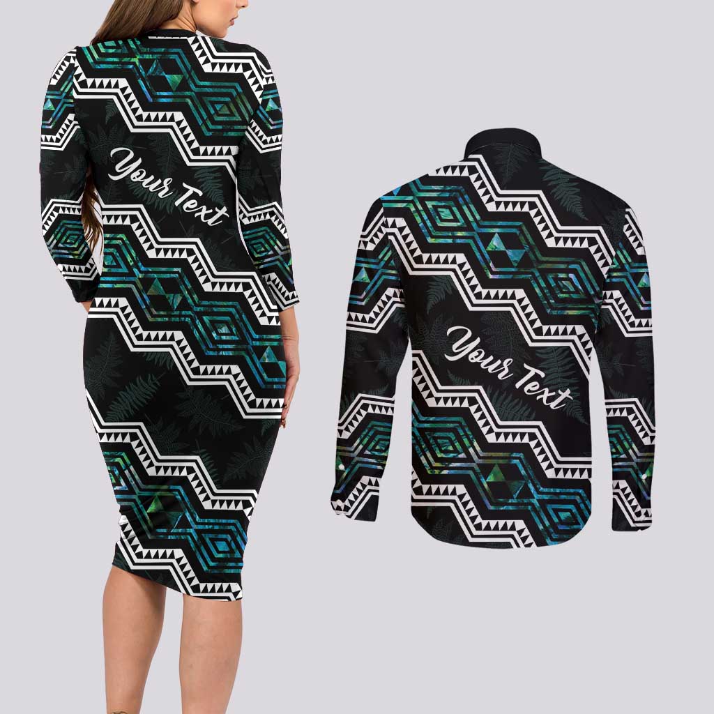 Personalised Taniko Aotearoa Mix Paua Shell Couples Matching Long Sleeve Bodycon Dress and Long Sleeve Button Shirt Niho Taniwha Turquoise Glitter