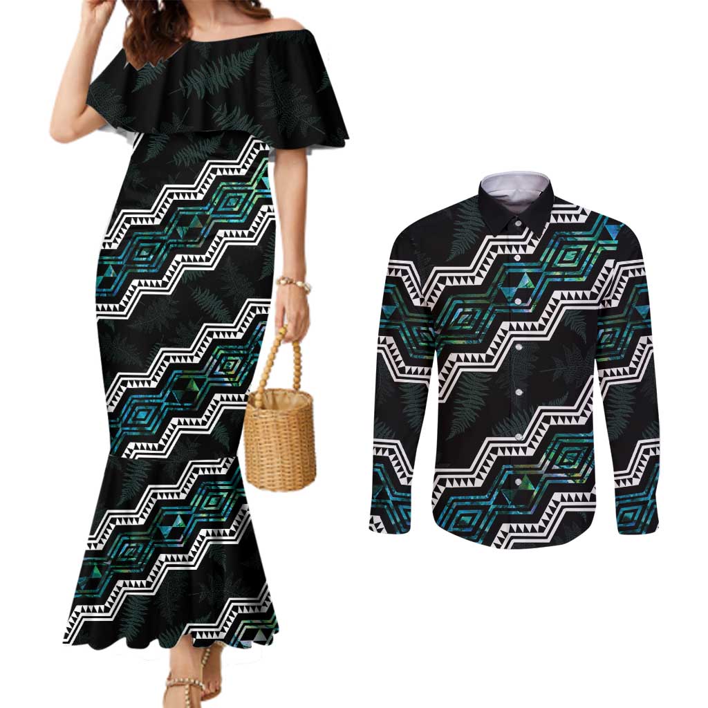 Personalised Taniko Aotearoa Mix Paua Shell Couples Matching Mermaid Dress and Long Sleeve Button Shirt Niho Taniwha Turquoise Glitter