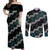 Personalised Taniko Aotearoa Mix Paua Shell Couples Matching Off Shoulder Maxi Dress and Long Sleeve Button Shirt Niho Taniwha Turquoise Glitter