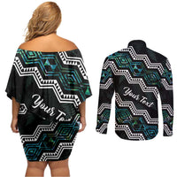 Personalised Taniko Aotearoa Mix Paua Shell Couples Matching Off Shoulder Short Dress and Long Sleeve Button Shirt Niho Taniwha Turquoise Glitter