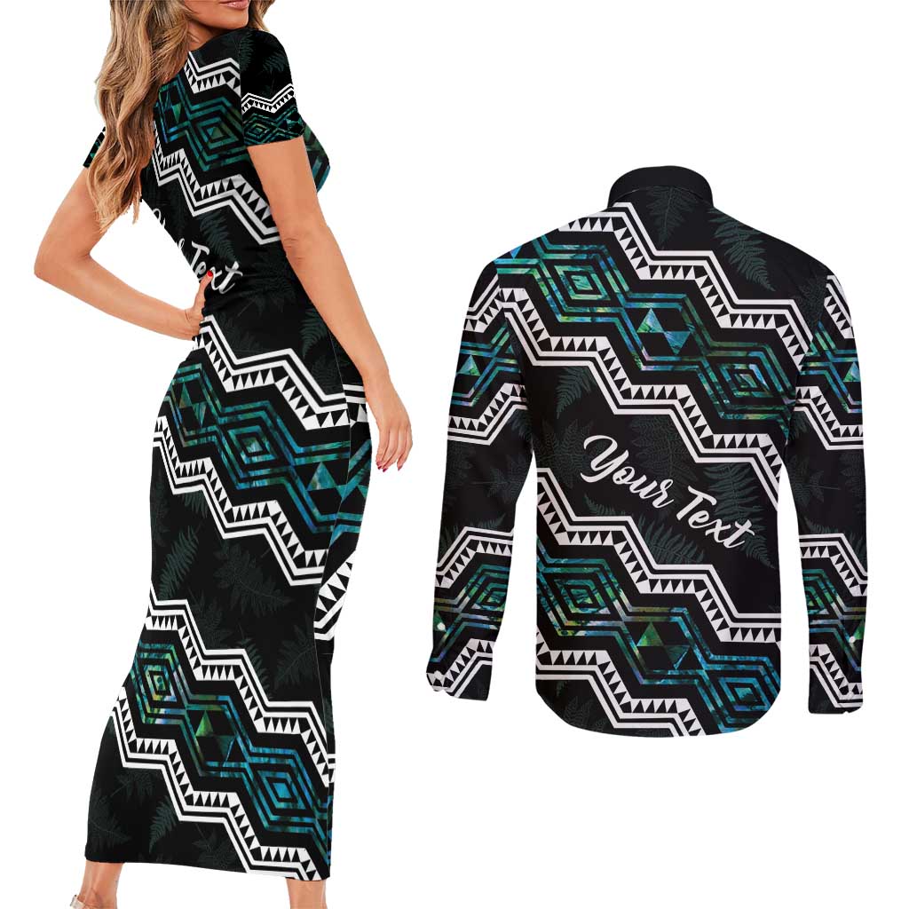 Personalised Taniko Aotearoa Mix Paua Shell Couples Matching Short Sleeve Bodycon Dress and Long Sleeve Button Shirt Niho Taniwha Turquoise Glitter