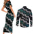 Personalised Taniko Aotearoa Mix Paua Shell Couples Matching Short Sleeve Bodycon Dress and Long Sleeve Button Shirt Niho Taniwha Turquoise Glitter