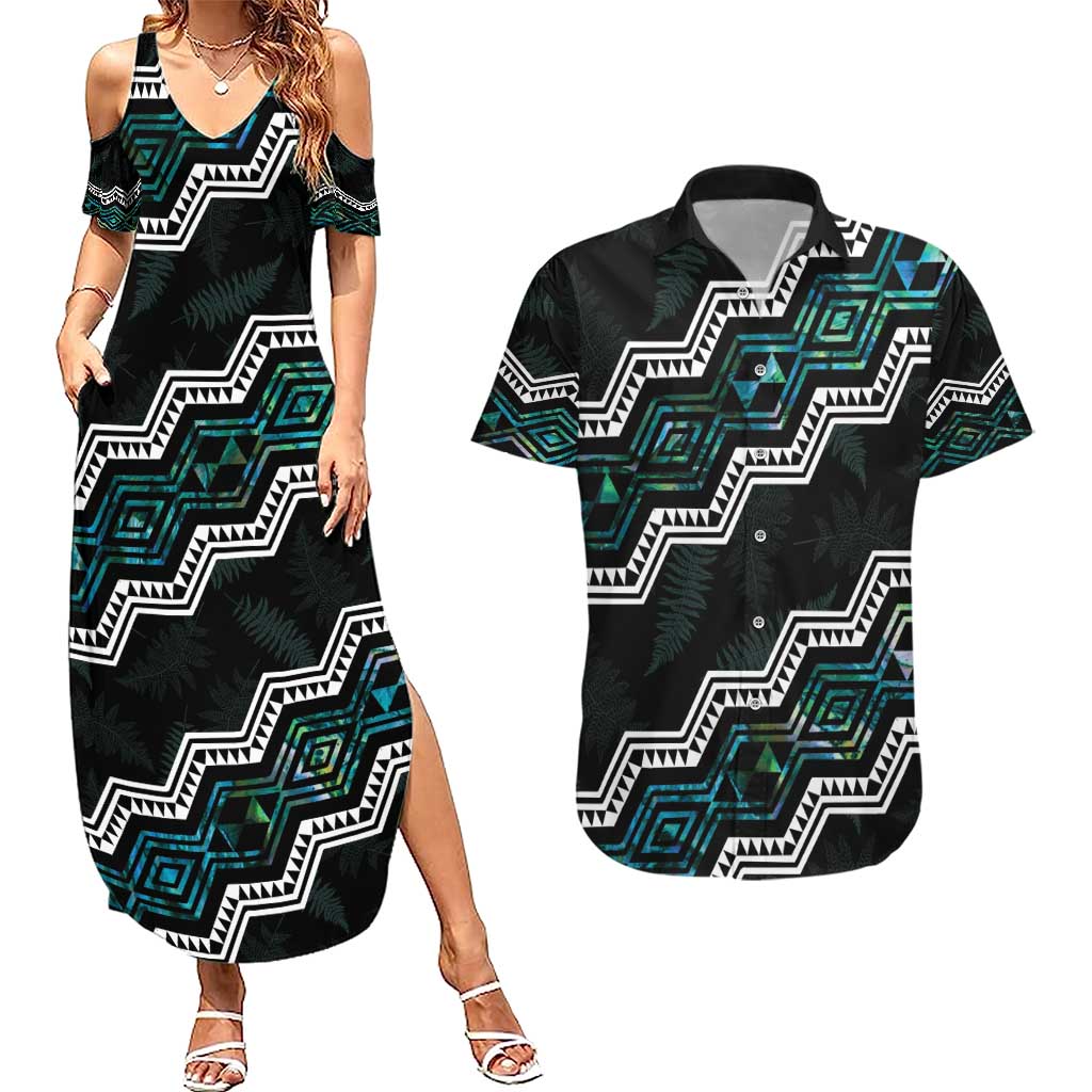 Personalised Taniko Aotearoa Mix Paua Shell Couples Matching Summer Maxi Dress and Hawaiian Shirt Niho Taniwha Turquoise Glitter