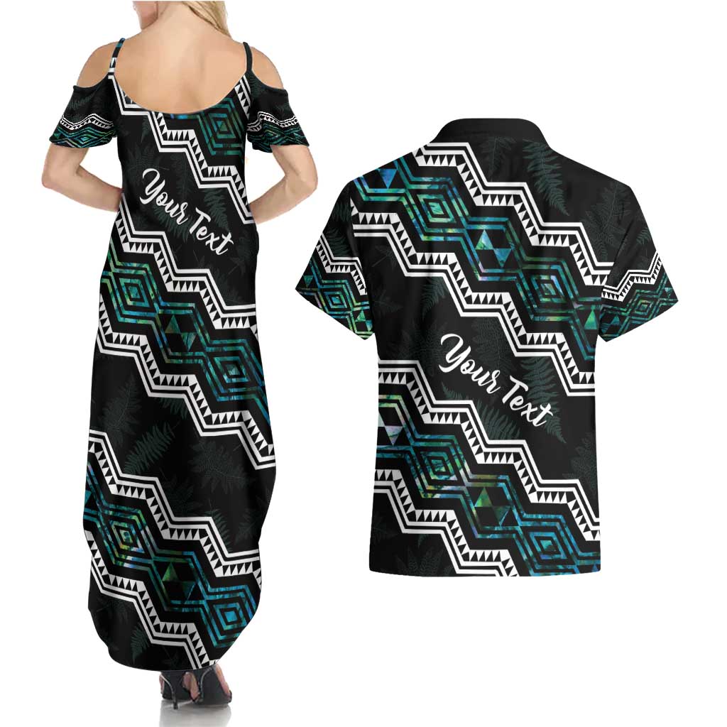 Personalised Taniko Aotearoa Mix Paua Shell Couples Matching Summer Maxi Dress and Hawaiian Shirt Niho Taniwha Turquoise Glitter