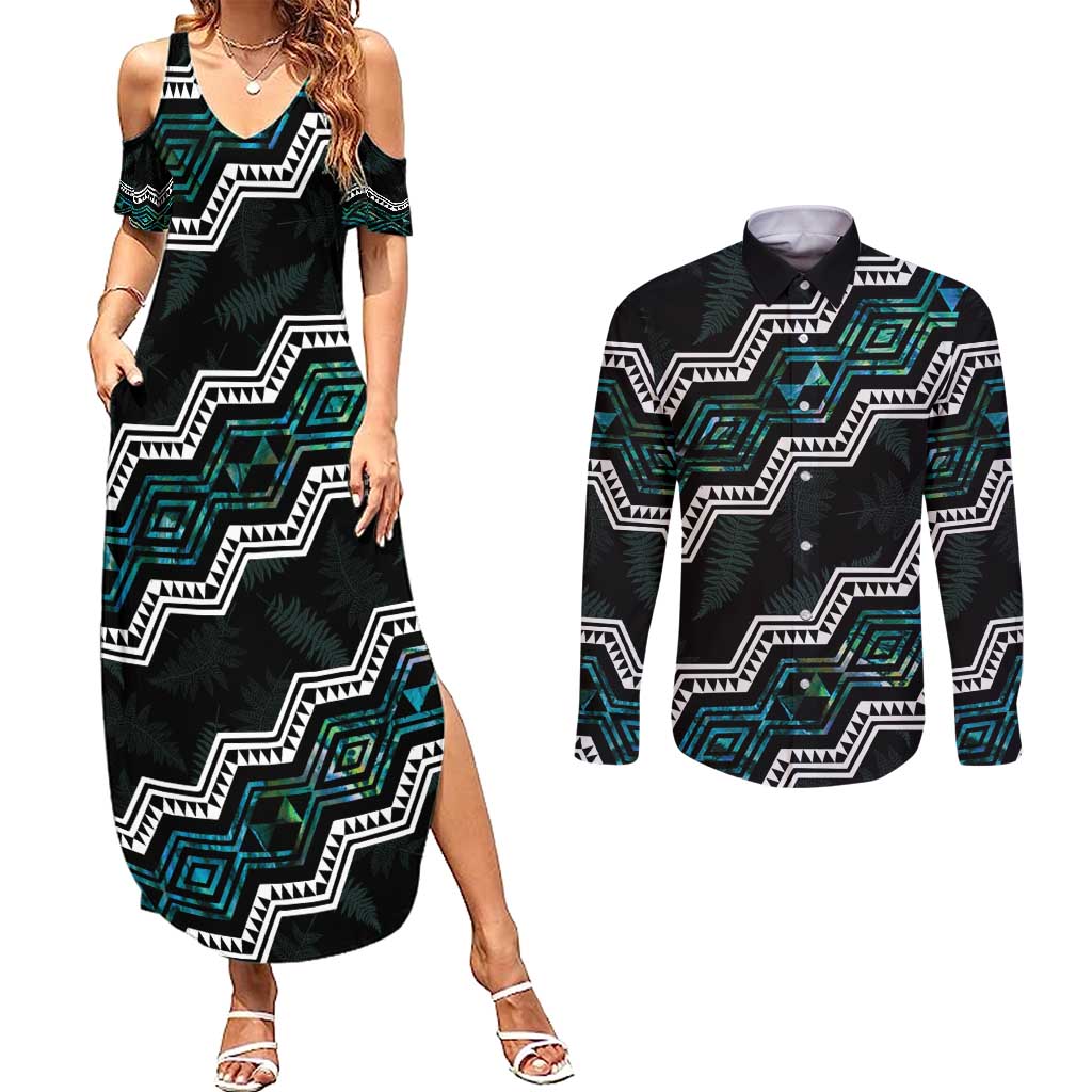 Personalised Taniko Aotearoa Mix Paua Shell Couples Matching Summer Maxi Dress and Long Sleeve Button Shirt Niho Taniwha Turquoise Glitter