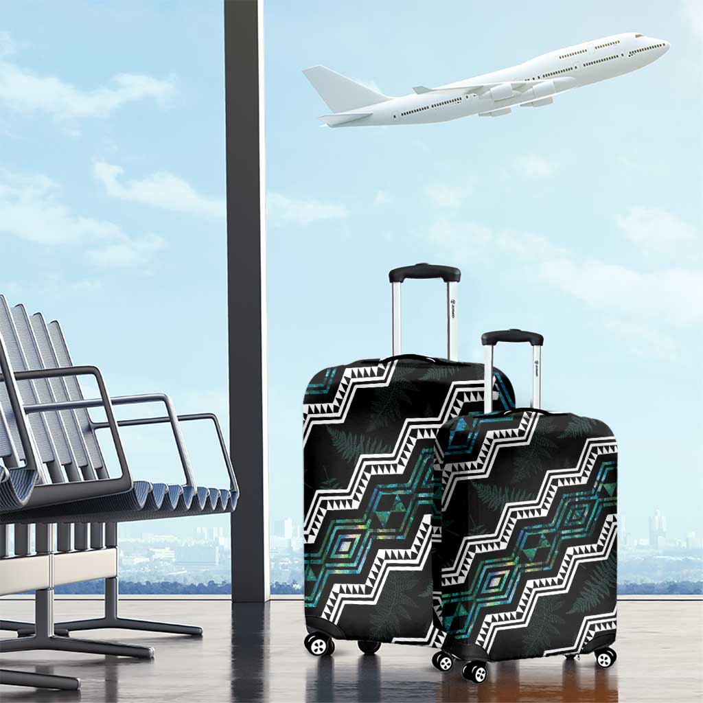 Personalised Taniko Aotearoa Mix Paua Shell Luggage Cover Niho Taniwha Turquoise Glitter