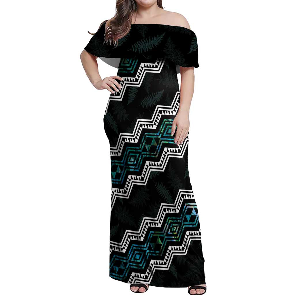 Personalised Taniko Aotearoa Mix Paua Shell Off Shoulder Maxi Dress Niho Taniwha Turquoise Glitter