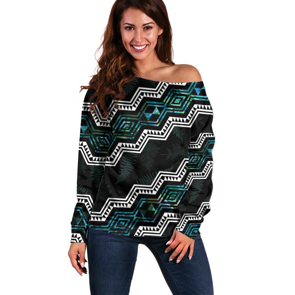 Personalised Taniko Aotearoa Mix Paua Shell Off Shoulder Sweater Niho Taniwha Turquoise Glitter