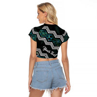 Personalised Taniko Aotearoa Mix Paua Shell Raglan Cropped T Shirt Niho Taniwha Turquoise Glitter