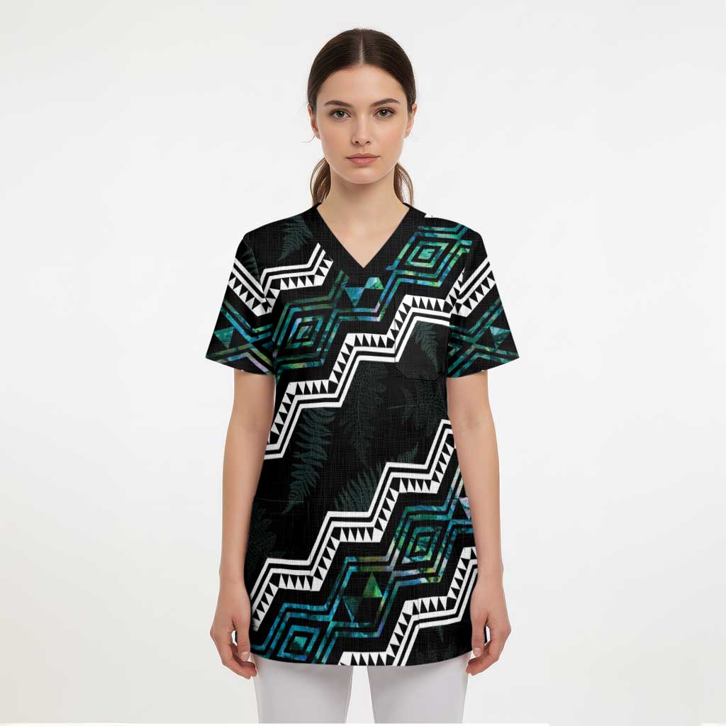 Personalised Taniko Aotearoa Mix Paua Shell Scrub Top Niho Taniwha Turquoise Glitter - Polynesian Pride