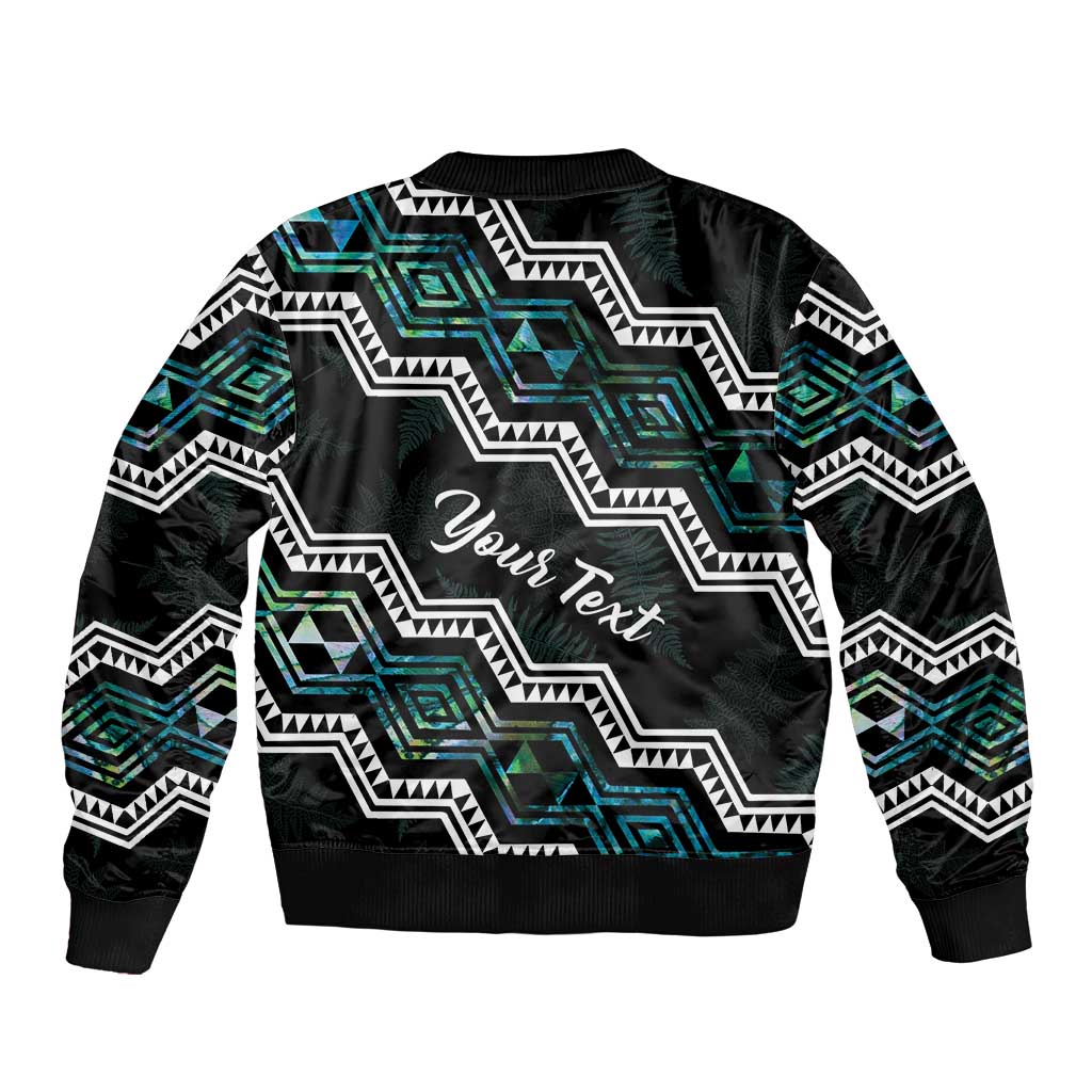 Personalised Taniko Aotearoa Mix Paua Shell Sleeve Zip Bomber Jacket Niho Taniwha Turquoise Glitter LT01 - Polynesian Pride