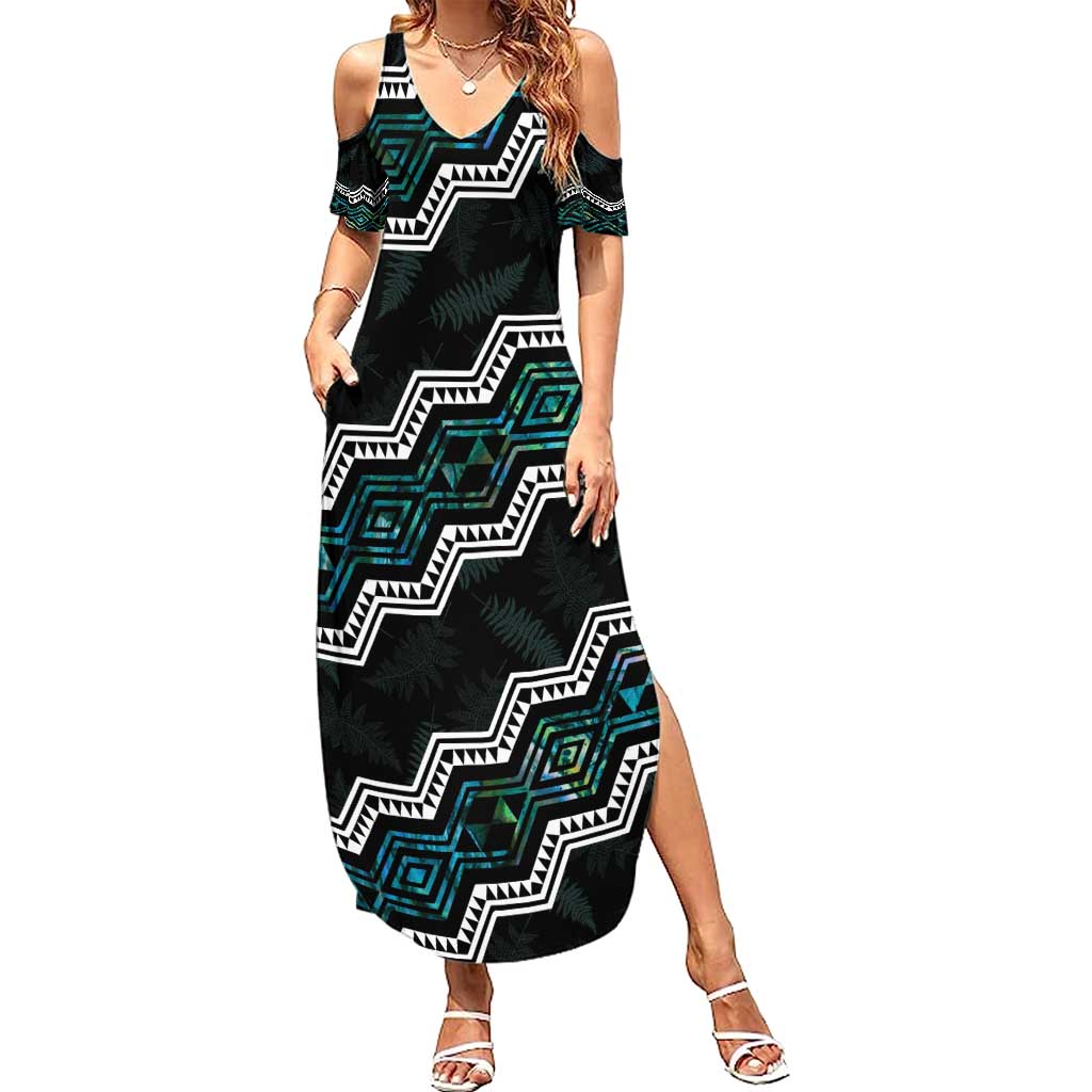 Personalised Taniko Aotearoa Mix Paua Shell Summer Maxi Dress Niho Taniwha Turquoise Glitter