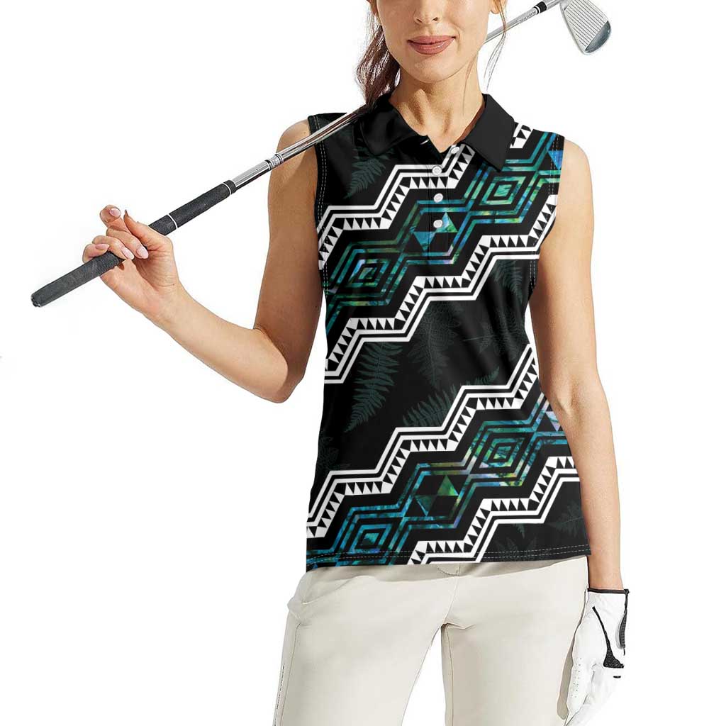 Personalised Taniko Aotearoa Mix Paua Shell Women Sleeveless Polo Shirt Niho Taniwha Turquoise Glitter