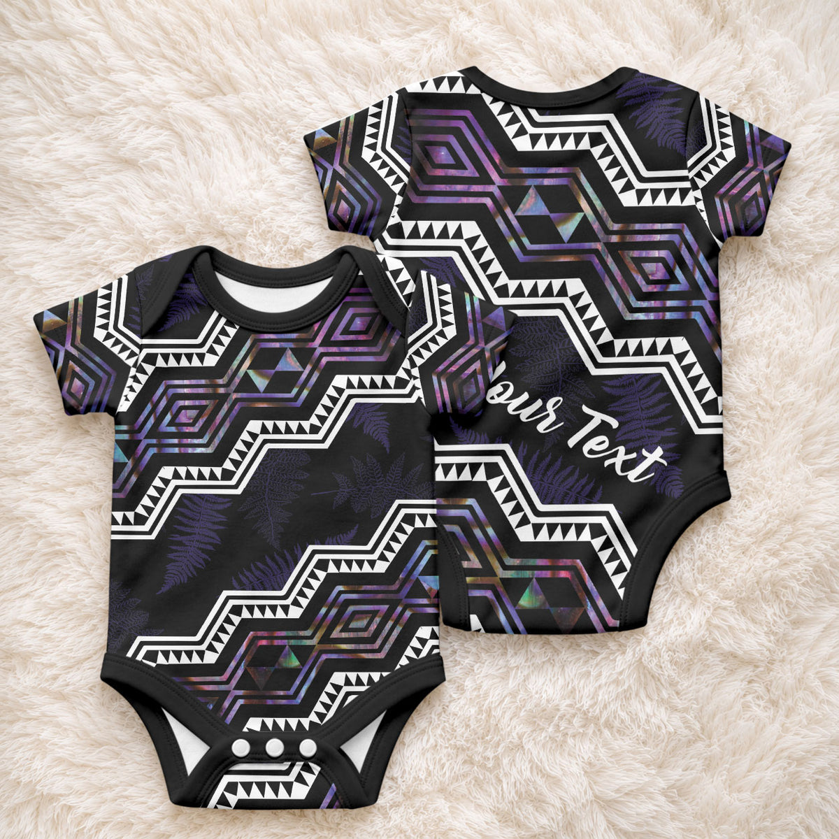 Personalised Taniko Aotearoa Mix Paua Shell Baby Onesie Niho Taniwha Lilac Glitter LT01 - Polynesian Pride