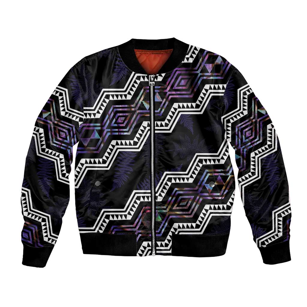 Personalised Taniko Aotearoa Mix Paua Shell Bomber Jacket Niho Taniwha Lilac Glitter LT01 Unisex Purple - Polynesian Pride