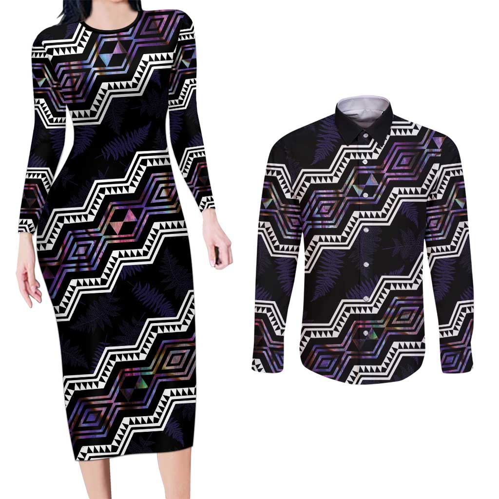 Personalised Taniko Aotearoa Mix Paua Shell Couples Matching Long Sleeve Bodycon Dress and Long Sleeve Button Shirt Niho Taniwha Lilac Glitter