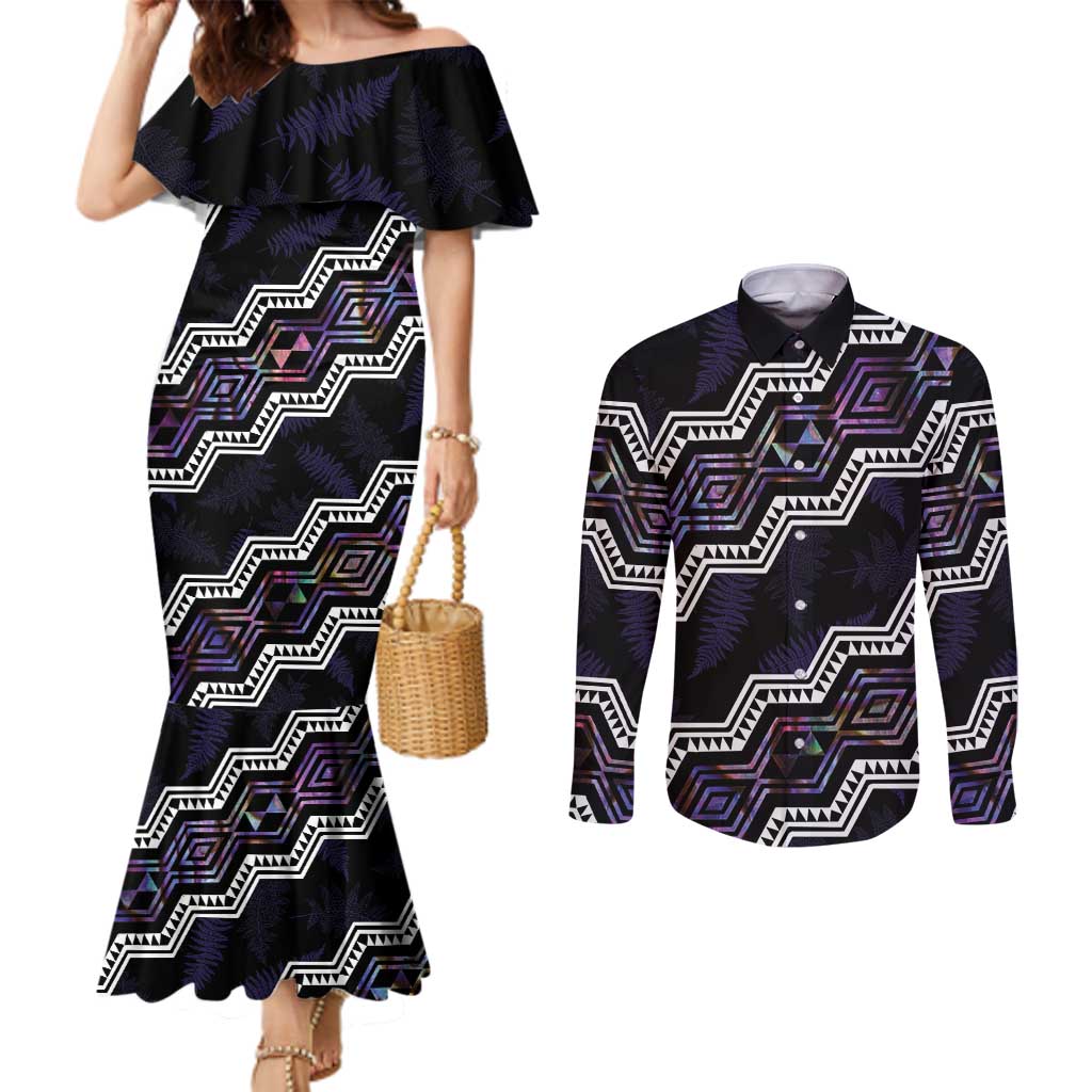 Personalised Taniko Aotearoa Mix Paua Shell Couples Matching Mermaid Dress and Long Sleeve Button Shirt Niho Taniwha Lilac Glitter