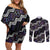 Personalised Taniko Aotearoa Mix Paua Shell Couples Matching Off Shoulder Short Dress and Long Sleeve Button Shirt Niho Taniwha Lilac Glitter